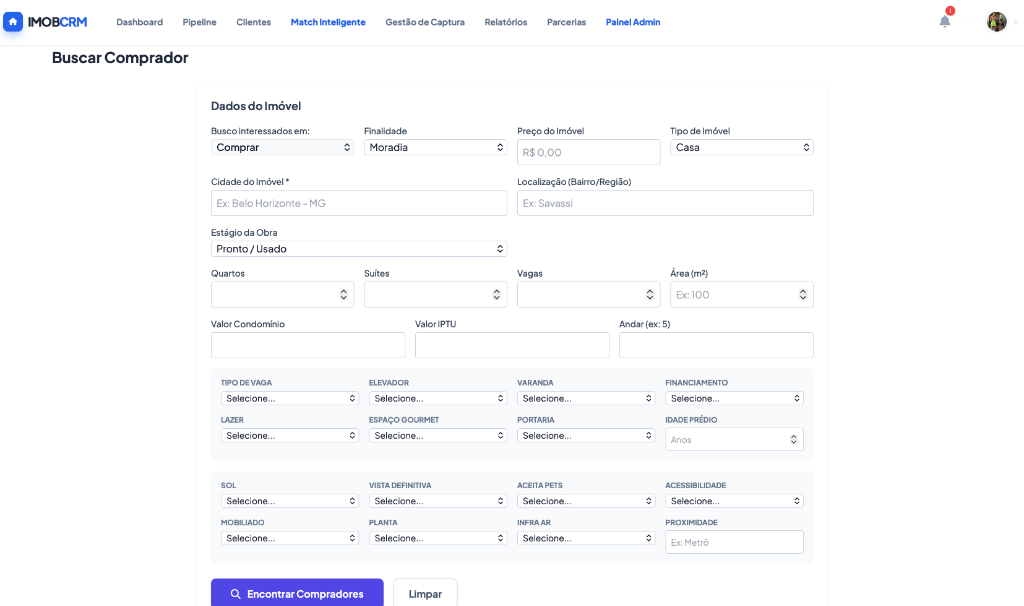 Match Inteligente - Buscar o comprador perfeito com filtros avançados de imóvel